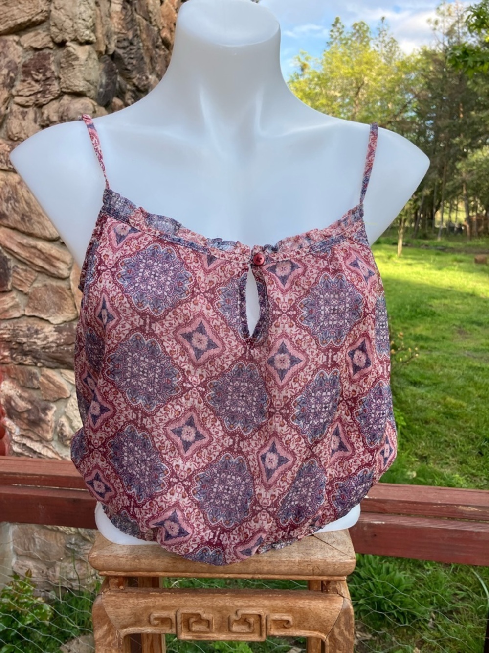 Spaghetti strap keyhole boho print  tank with elastic waist, American Eagle  M